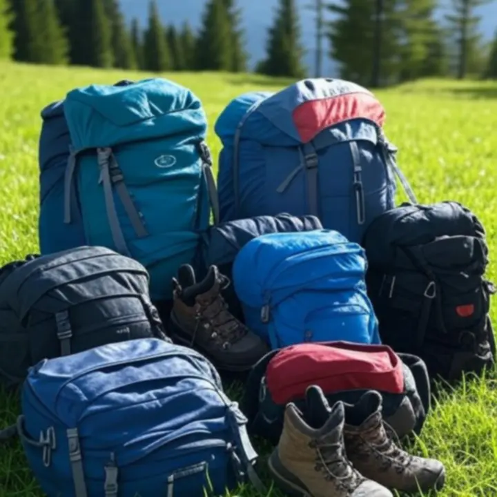 Zestaw sprzętu outdoor: plecak, kijki trekkingowe i akcesoria na szlaku