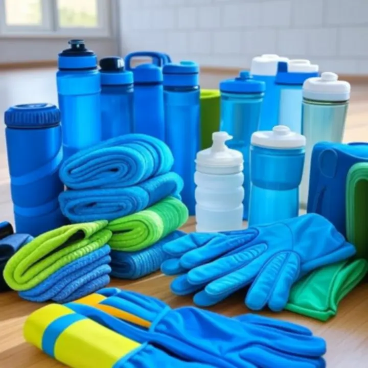 Zestaw nowoczesnych akcesoriów sportowych na tle w stylu fitness